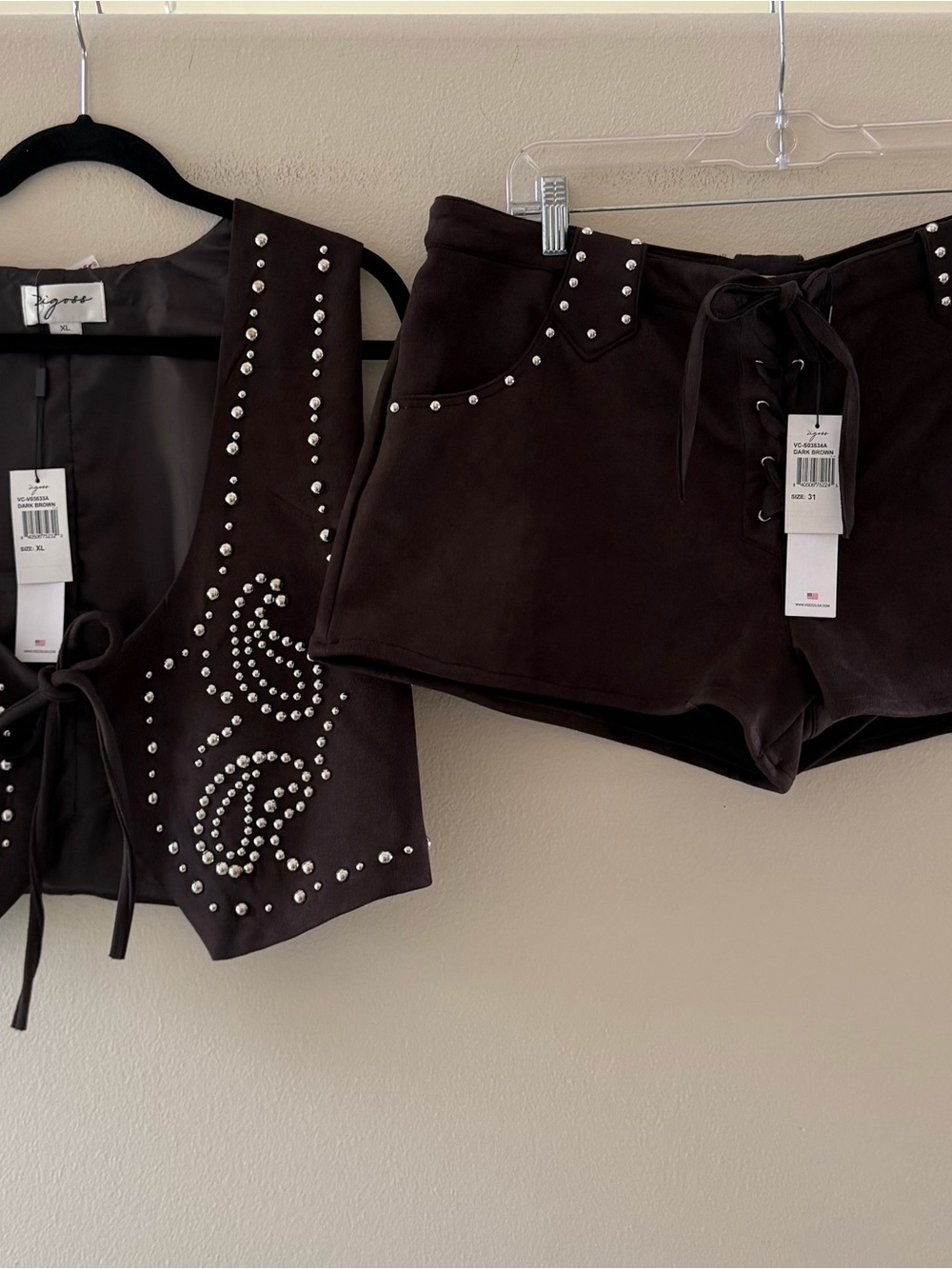 Vigoss Dark Brown Studded Suede Vest & Lace-Up Shorts Set NEW With Tags